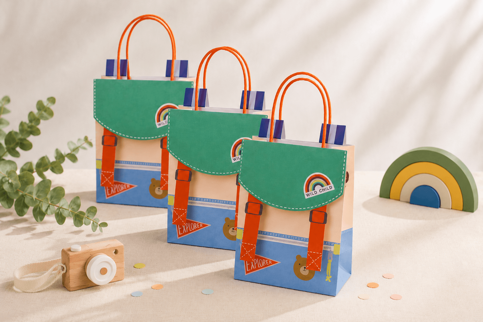 Curated party favor bags arranged for a kids party